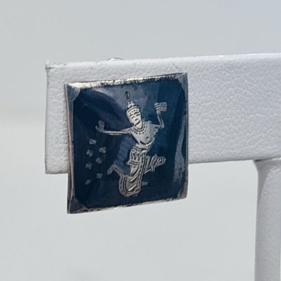 Vintage Siam Silver Earrings Black Enamel Clip On Square Dancer - Picture 4 of 12